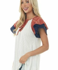 SugarFox Tops Ivory Slub Knit Top With Paisley Print Sleeves