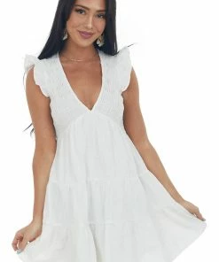 HYFVE Ivory Smocked V Neck Babydoll Tiered Mini Dress Dresses 12 HYFVE Ivory Smocked V Neck Babydoll Tiered Mini Dress Dresses