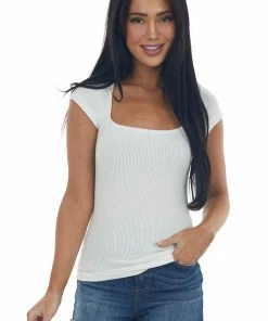 Charlotte Avery Ivory Square Neck Cap Sleeve Ribbed Top Tops