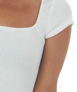 Charlotte Avery Ivory Square Neck Cap Sleeve Ribbed Top Tops
