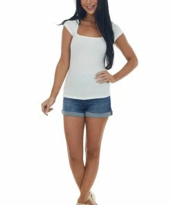 Charlotte Avery Ivory Square Neck Cap Sleeve Ribbed Top Tops