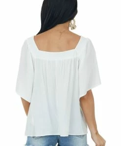 She + Sky Tops Ivory Square Neck Flutter Sleeve Woven Top