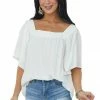 She + Sky Tops Ivory Square Neck Flutter Sleeve Woven Top