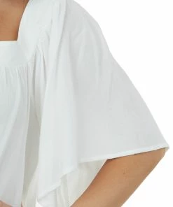 She + Sky Tops Ivory Square Neck Flutter Sleeve Woven Top