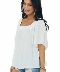 She + Sky Tops Ivory Square Neck Flutter Sleeve Woven Top