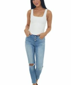 Listicle Ivory Square Neck Thick Sleeveless Crop Top Tops