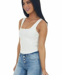 Listicle Ivory Square Neck Thick Sleeveless Crop Top Tops