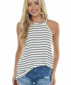 Haptics Ivory Striped Halter Neck Sleeveless Tank Top Tops