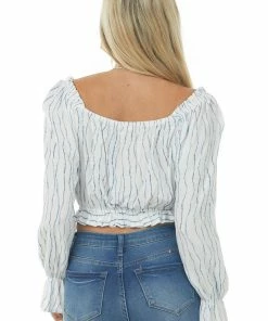 Illa Illa Tops Ivory Striped Long Sleeve Crop Top With Tie Detail