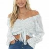 Illa Illa Tops Ivory Striped Long Sleeve Crop Top With Tie Detail