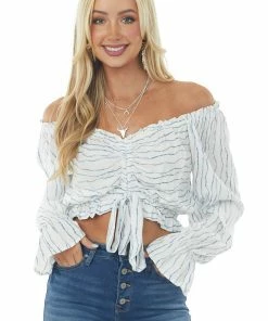 Illa Illa Tops Ivory Striped Long Sleeve Crop Top With Tie Detail