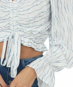 Illa Illa Tops Ivory Striped Long Sleeve Crop Top With Tie Detail