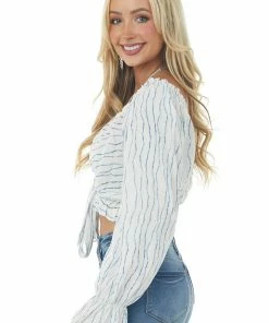 Illa Illa Tops Ivory Striped Long Sleeve Crop Top With Tie Detail