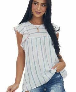 Staccato Ivory Striped Rounded Neckline Babydoll Blouse