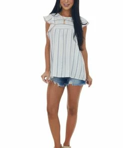 Staccato Ivory Striped Rounded Neckline Babydoll Blouse