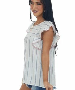 Staccato Ivory Striped Rounded Neckline Babydoll Blouse