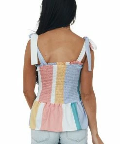 BiBi Tops Ivory Striped Smocked Tie Strap Peplum Top 16 BiBi Tops Ivory Striped Smocked Tie Strap Peplum Top