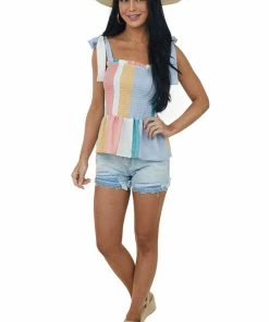 BiBi Tops Ivory Striped Smocked Tie Strap Peplum Top 14 BiBi Tops Ivory Striped Smocked Tie Strap Peplum Top