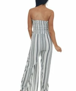 ANGIE Ivory Striped Smocked Wrap Leg Strapless Jumpsuit