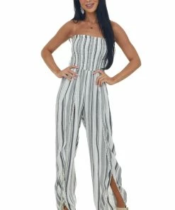 ANGIE Ivory Striped Smocked Wrap Leg Strapless Jumpsuit