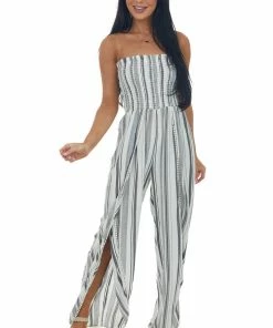 ANGIE Ivory Striped Smocked Wrap Leg Strapless Jumpsuit