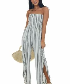 ANGIE Ivory Striped Smocked Wrap Leg Strapless Jumpsuit