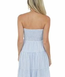 Doe & Rae Ivory Striped Strapless Smocked Babydoll Dress Dresses