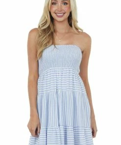 Doe & Rae Ivory Striped Strapless Smocked Babydoll Dress Dresses