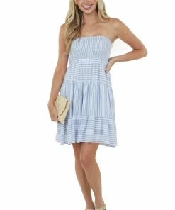 Doe & Rae Ivory Striped Strapless Smocked Babydoll Dress Dresses