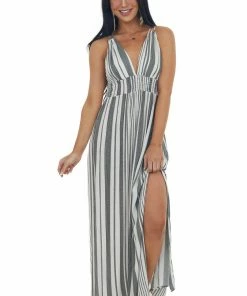 Timing Ivory Striped V Neck Sleeveless Maxi Dress Dresses