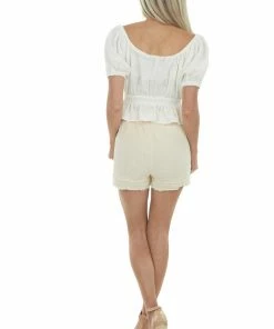 Lush Clothing Ivory Textured Short Sleeve Top With Smocked Waist Tops