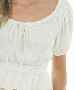 Lush Clothing Ivory Textured Short Sleeve Top With Smocked Waist Tops
