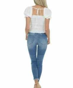 American Fit Ivory Textured Smocked Short Sleeve Top With Tie Detail Tops