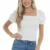 American Fit Ivory Textured Smocked Short Sleeve Top With Tie Detail Tops