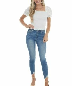 American Fit Ivory Textured Smocked Short Sleeve Top With Tie Detail Tops