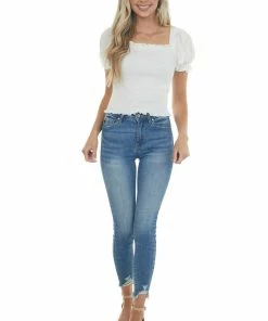 American Fit Ivory Textured Smocked Short Sleeve Top With Tie Detail Tops