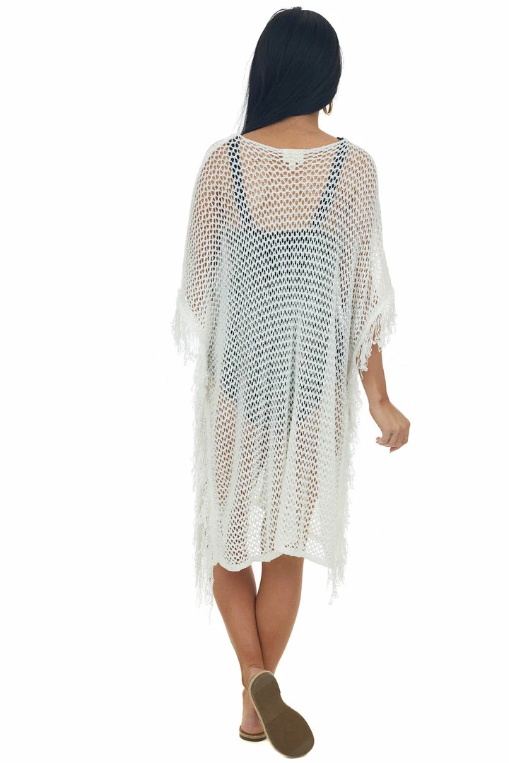 143 Story Ivory V Neck Fringe Open Knit Swim Cover Up Accessories 7 143 Story Ivory V Neck Fringe Open Knit Swim Cover Up Accessories