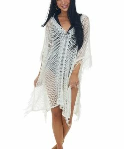 143 Story Ivory V Neck Fringe Open Knit Swim Cover Up Accessories