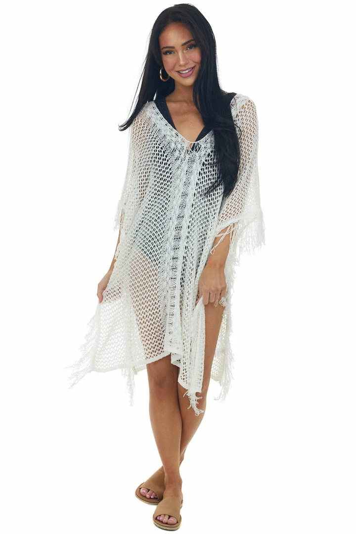 143 Story Ivory V Neck Fringe Open Knit Swim Cover Up Accessories 4 143 Story Ivory V Neck Fringe Open Knit Swim Cover Up Accessories