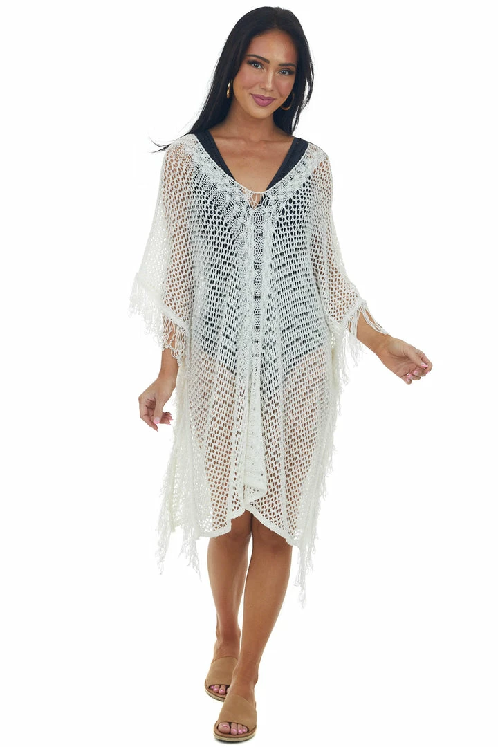 143 Story Ivory V Neck Fringe Open Knit Swim Cover Up Accessories 5 143 Story Ivory V Neck Fringe Open Knit Swim Cover Up Accessories