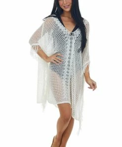 143 Story Ivory V Neck Fringe Open Knit Swim Cover Up Accessories