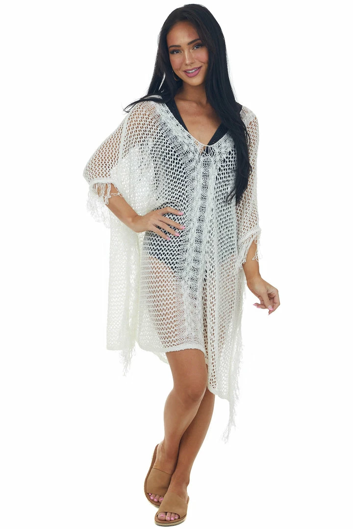 143 Story Ivory V Neck Fringe Open Knit Swim Cover Up Accessories 3 143 Story Ivory V Neck Fringe Open Knit Swim Cover Up Accessories