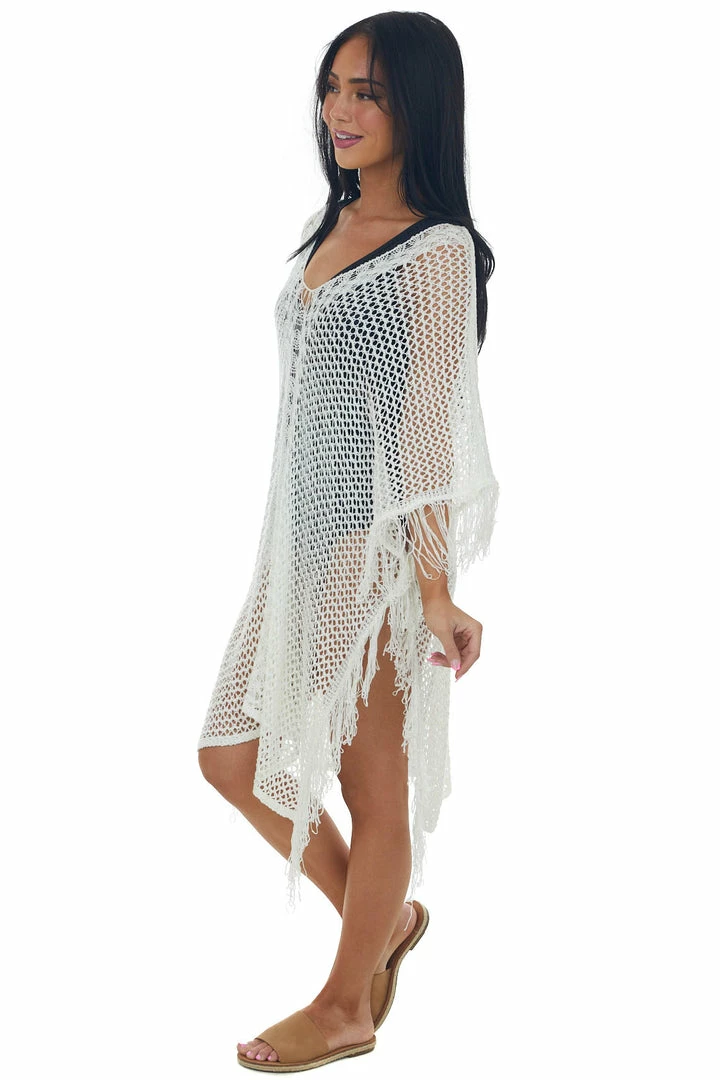 143 Story Ivory V Neck Fringe Open Knit Swim Cover Up Accessories 6 143 Story Ivory V Neck Fringe Open Knit Swim Cover Up Accessories