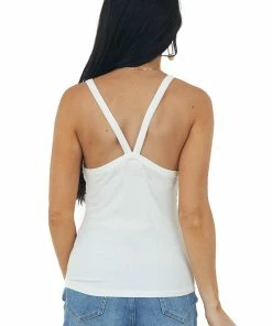 ZENANA Ivory V Neck Stretchy Ribbed Fitted Tank Top Tops