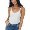 ZENANA Ivory V Neck Stretchy Ribbed Fitted Tank Top Tops