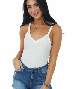 ZENANA Ivory V Neck Stretchy Ribbed Fitted Tank Top Tops