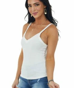 ZENANA Ivory V Neck Stretchy Ribbed Fitted Tank Top Tops