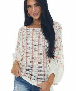 143 Story Tops Ivory Vertical Striped Boat Neck Loose Knit Top