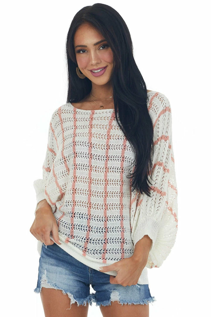 143 Story Tops Ivory Vertical Striped Boat Neck Loose Knit Top 3 143 Story Tops Ivory Vertical Striped Boat Neck Loose Knit Top