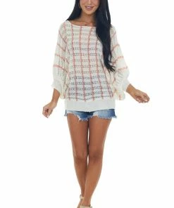 143 Story Tops Ivory Vertical Striped Boat Neck Loose Knit Top